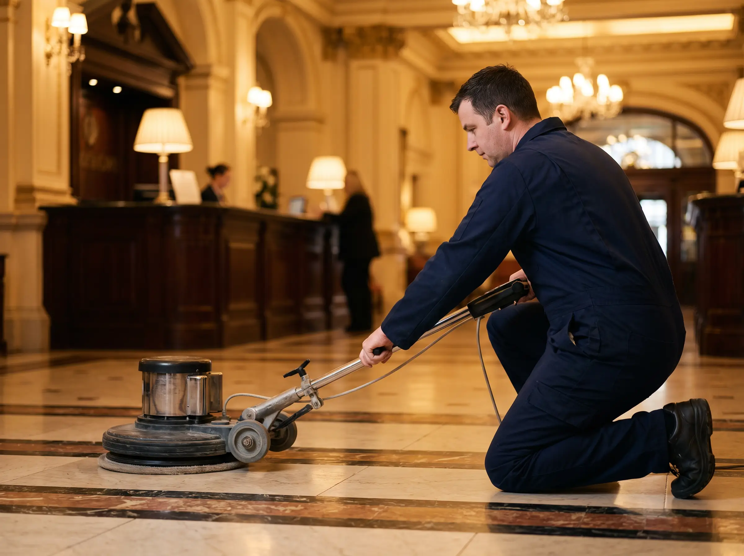 Cleaner polishing the floor of a hotel lobby in Belfast