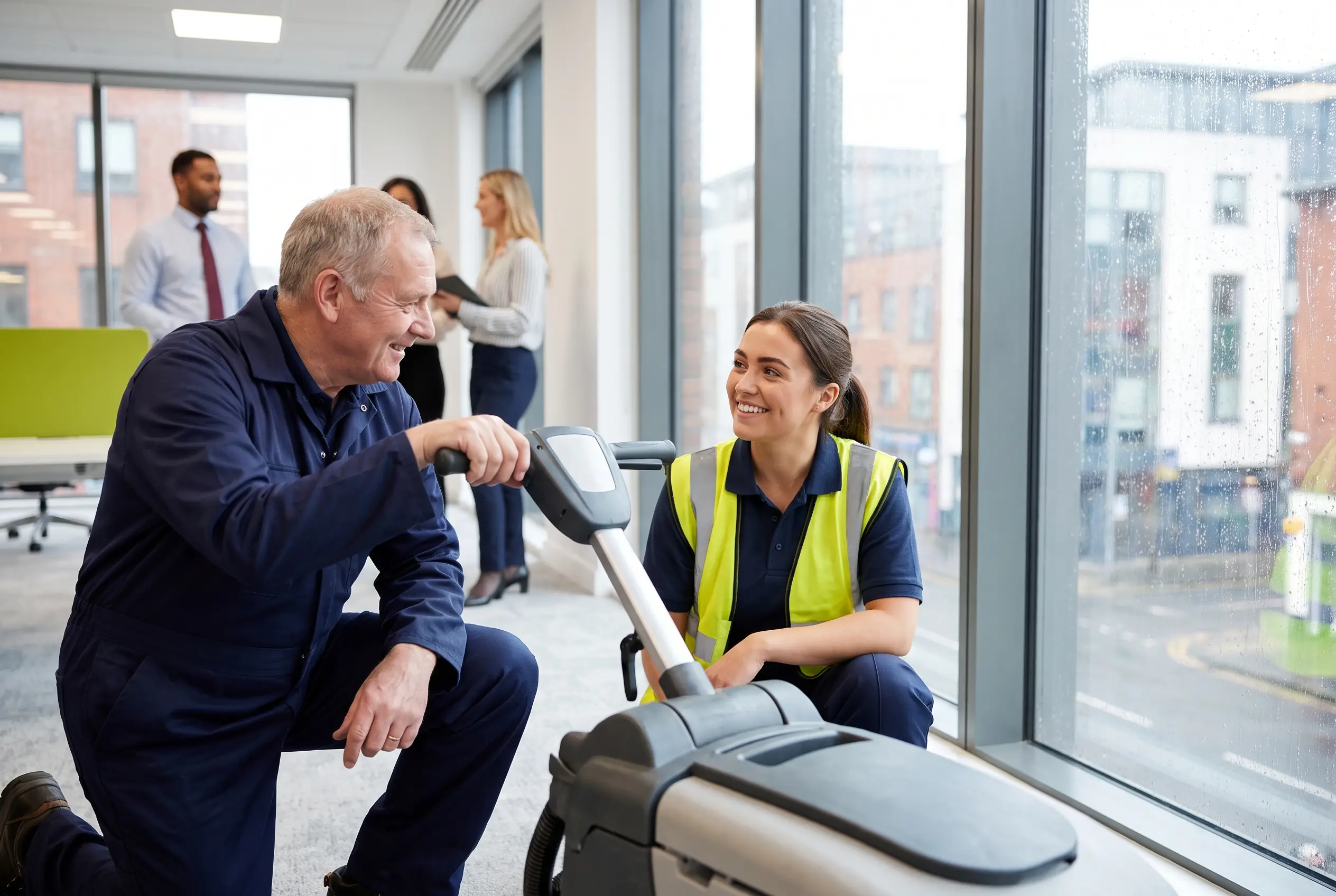 An experienced cleaner mentoring a new trainee on using cleaning equipment in a bright Northern Ireland office