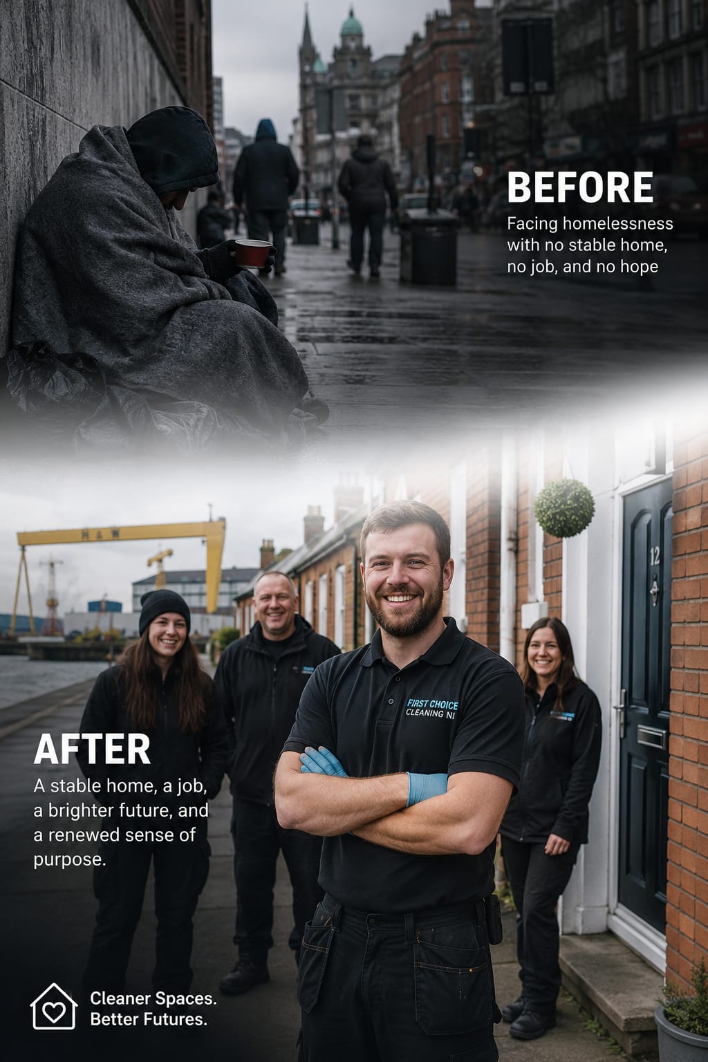 Before: facing homelessness with no stable home, no job, and no hope. After: a stable home, a job, a brighter future, and a renewed sense of purpose with First Choice Cleaning NI.