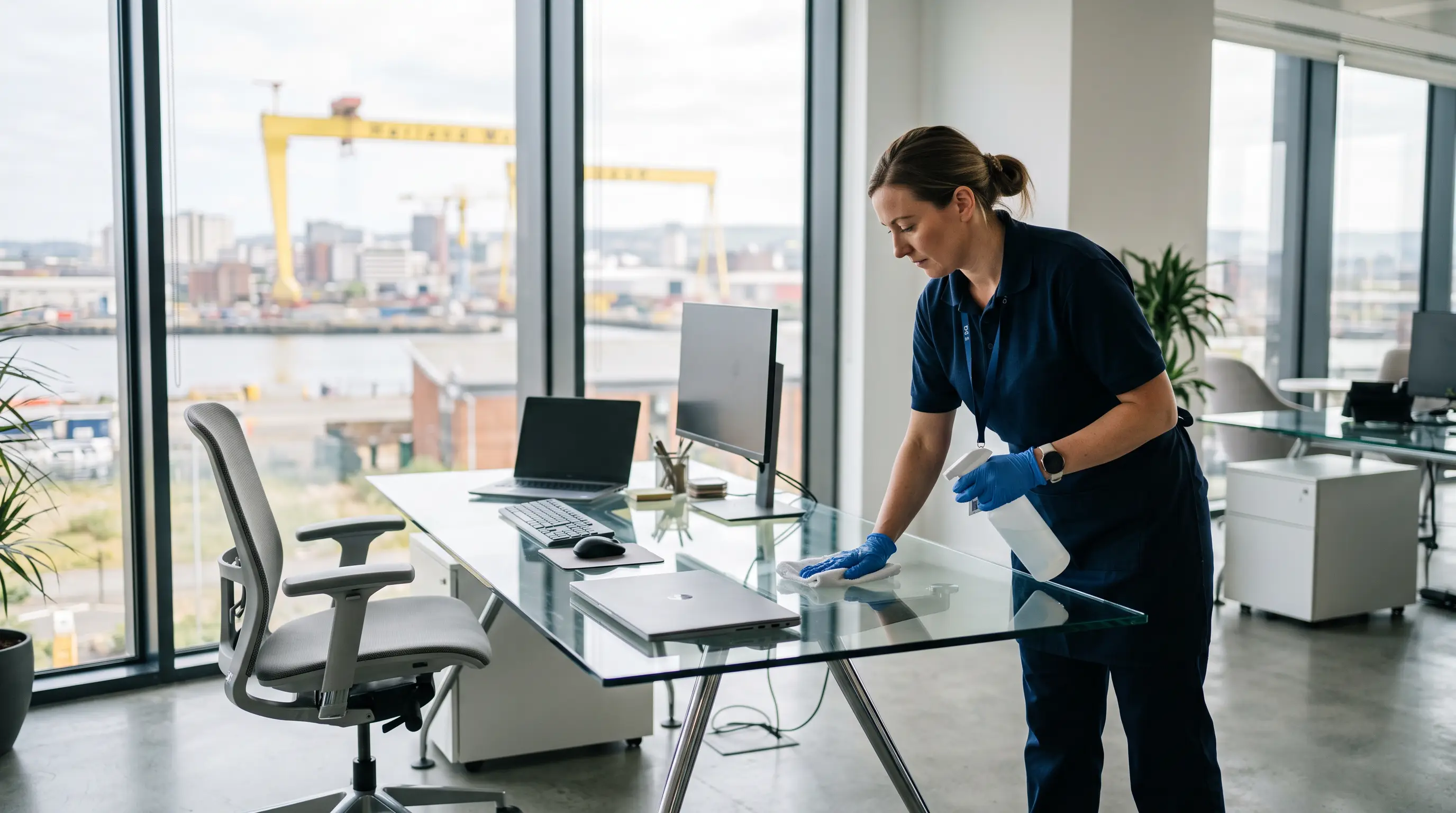 Cleaner wiping down a desk in a Belfast office with the city skyline visible through the window
