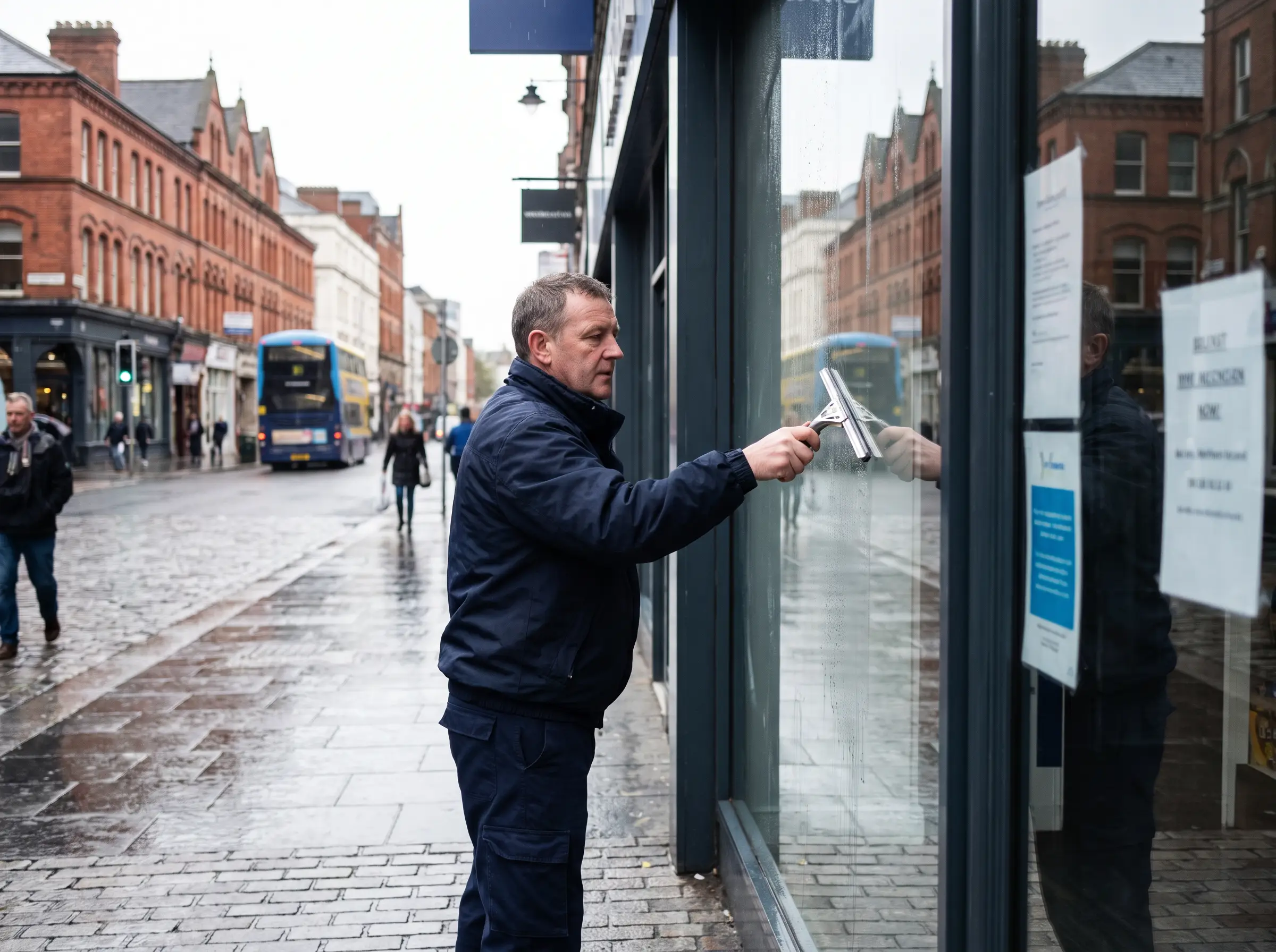 Cleaner washing a shopfront window on a Northern Ireland high street